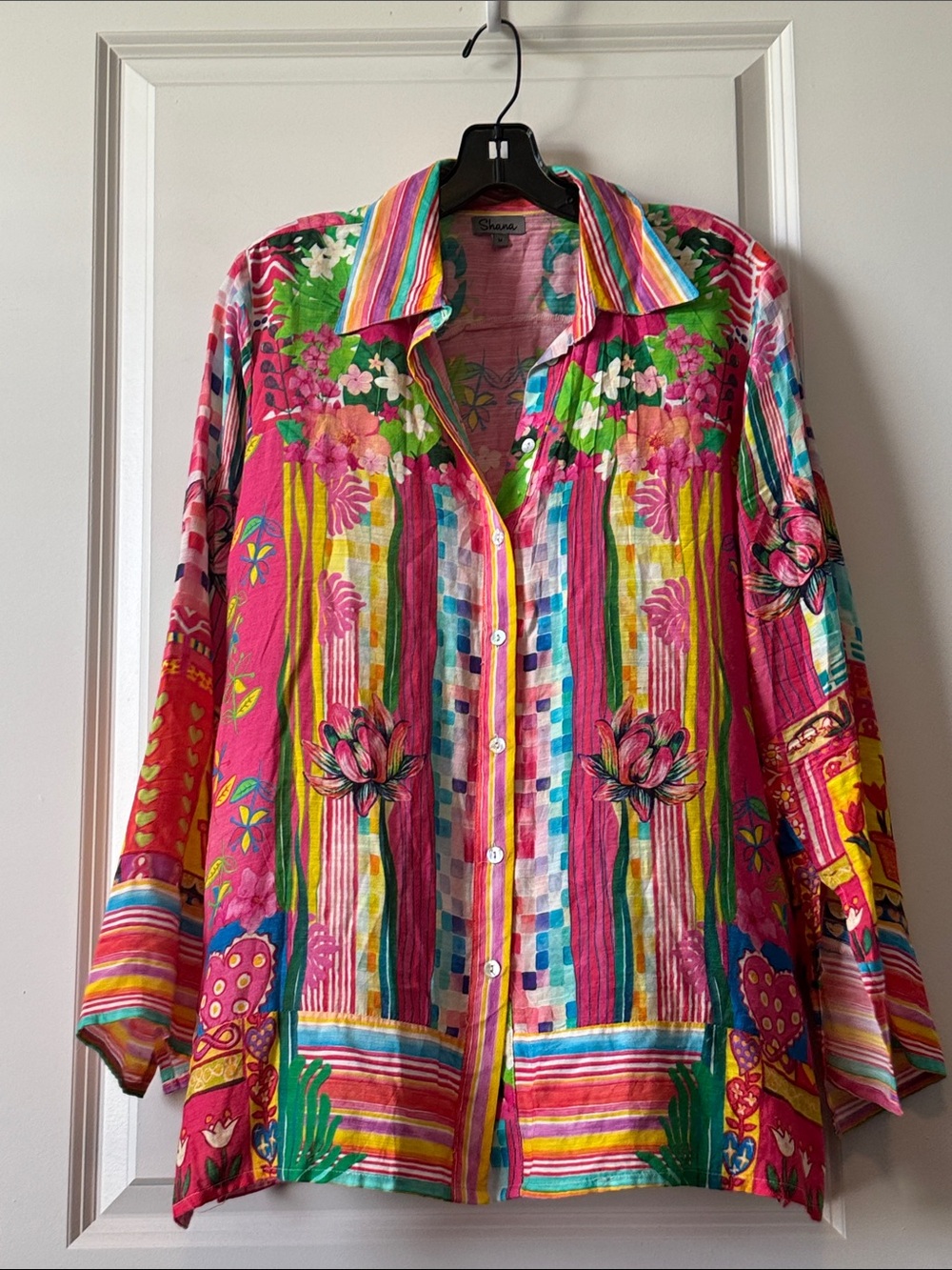 Bright Floral Striped Button-Down Blouse - Pink Multi